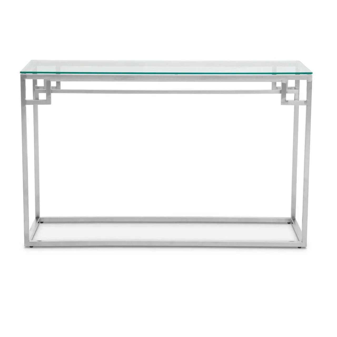 Glass console table with chrome metal frame and geometric side detail