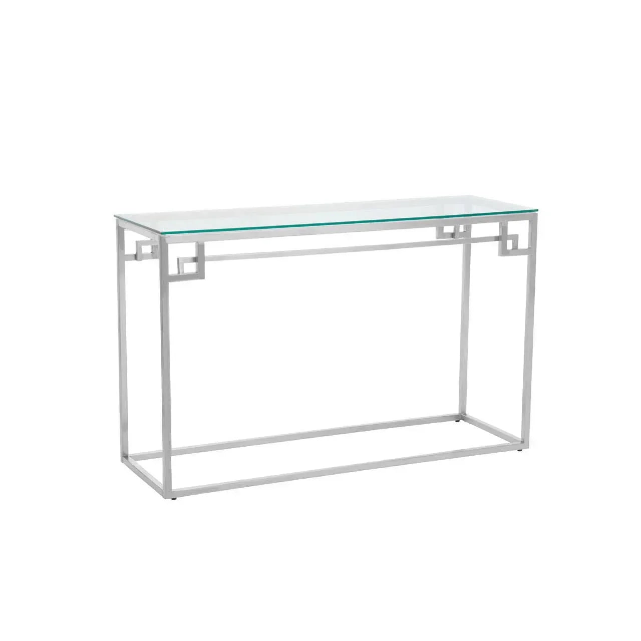 Glass top console table with silver metal frame and geometric corner accents