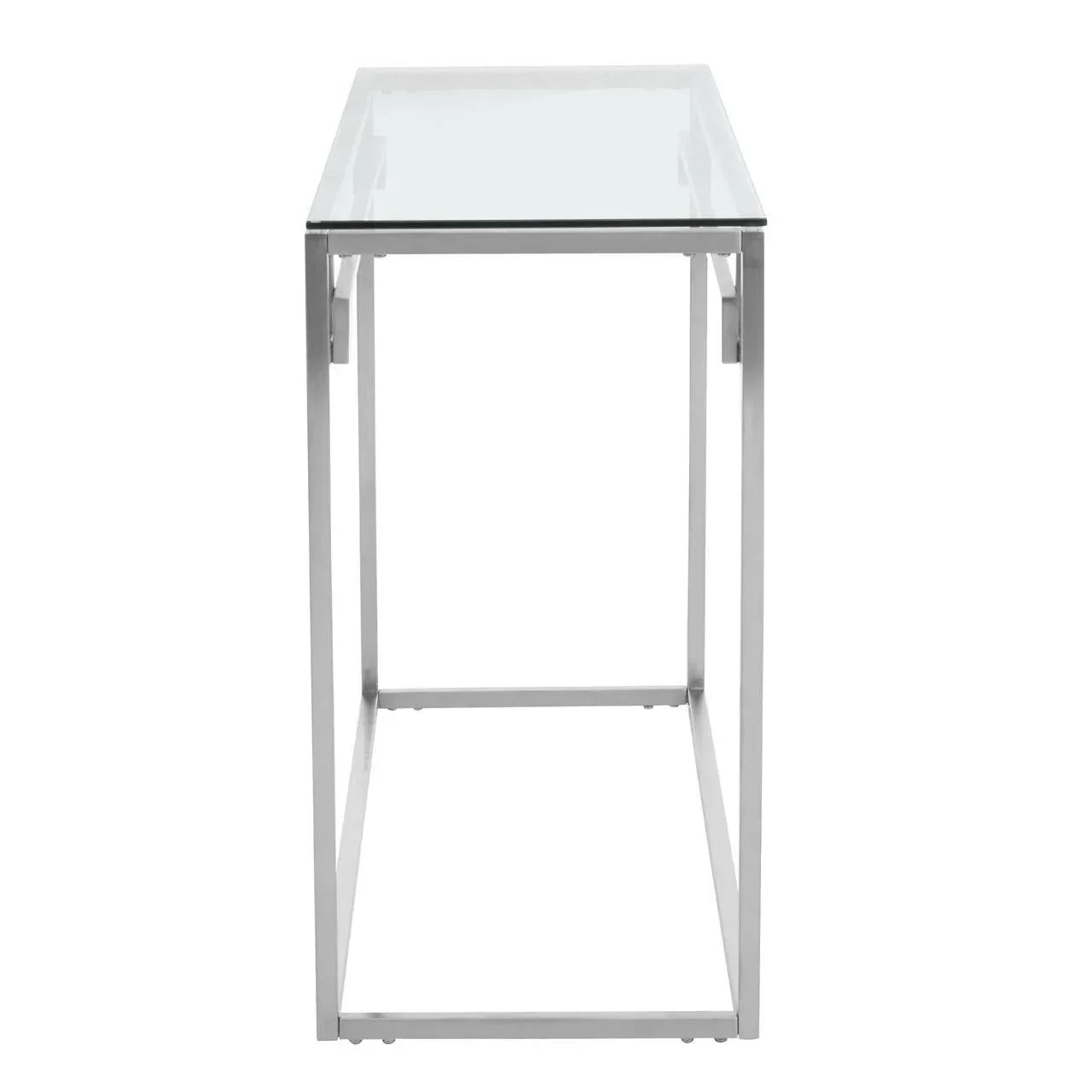 Glass top side table with chrome metal frame, front view
