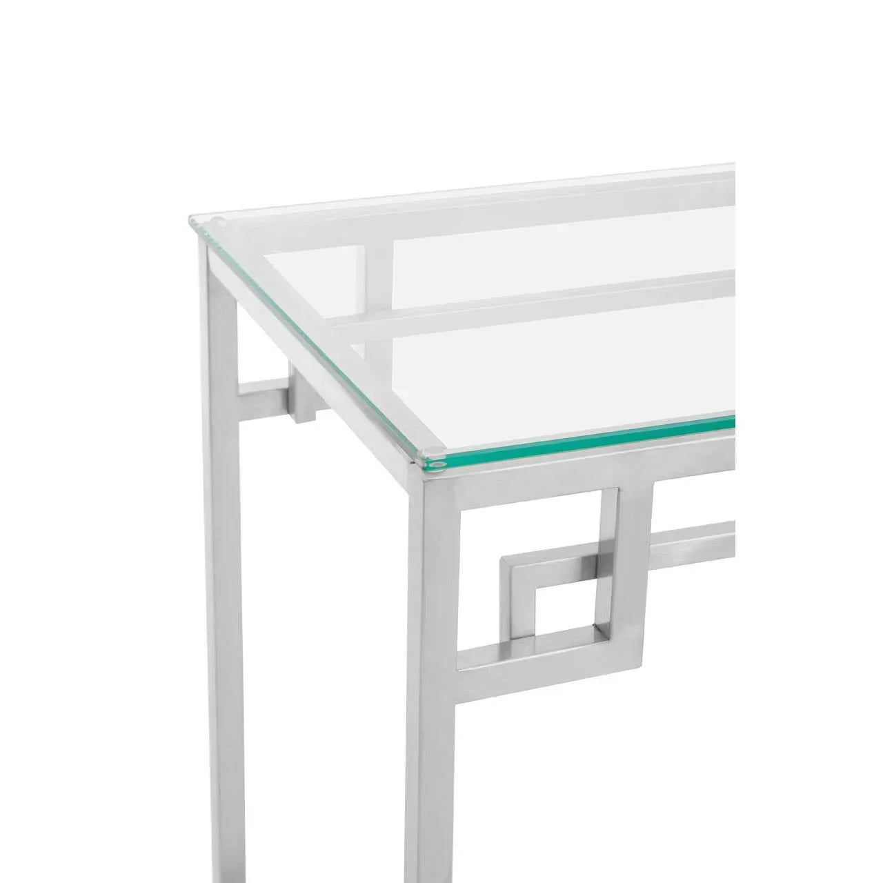 Modern glass top table with chrome metal frame and geometric leg design