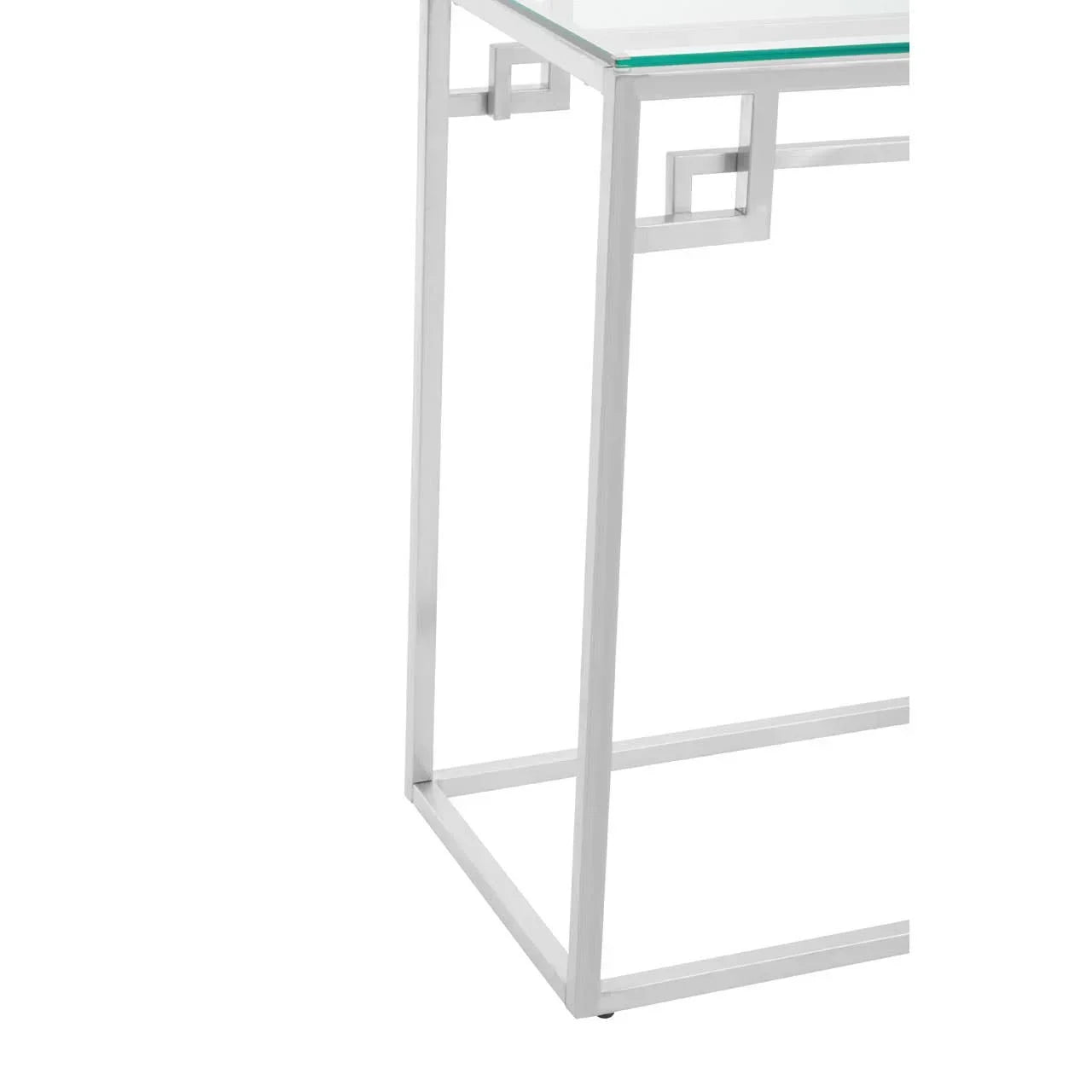 Glass top side table with silver metal frame and geometric square detailing, corner view