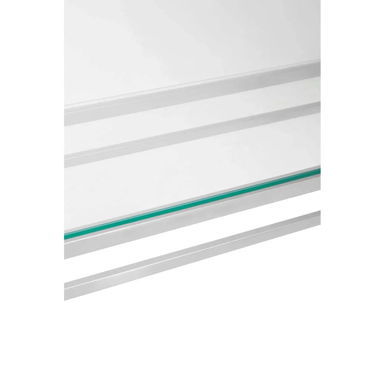 Glass shelf with metal trim and white background, close-up of shelving unit detail