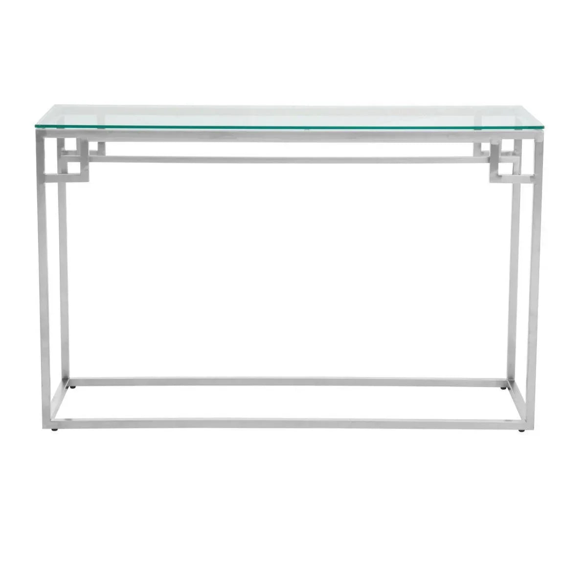 Glass console table with silver metal geometric frame on white background