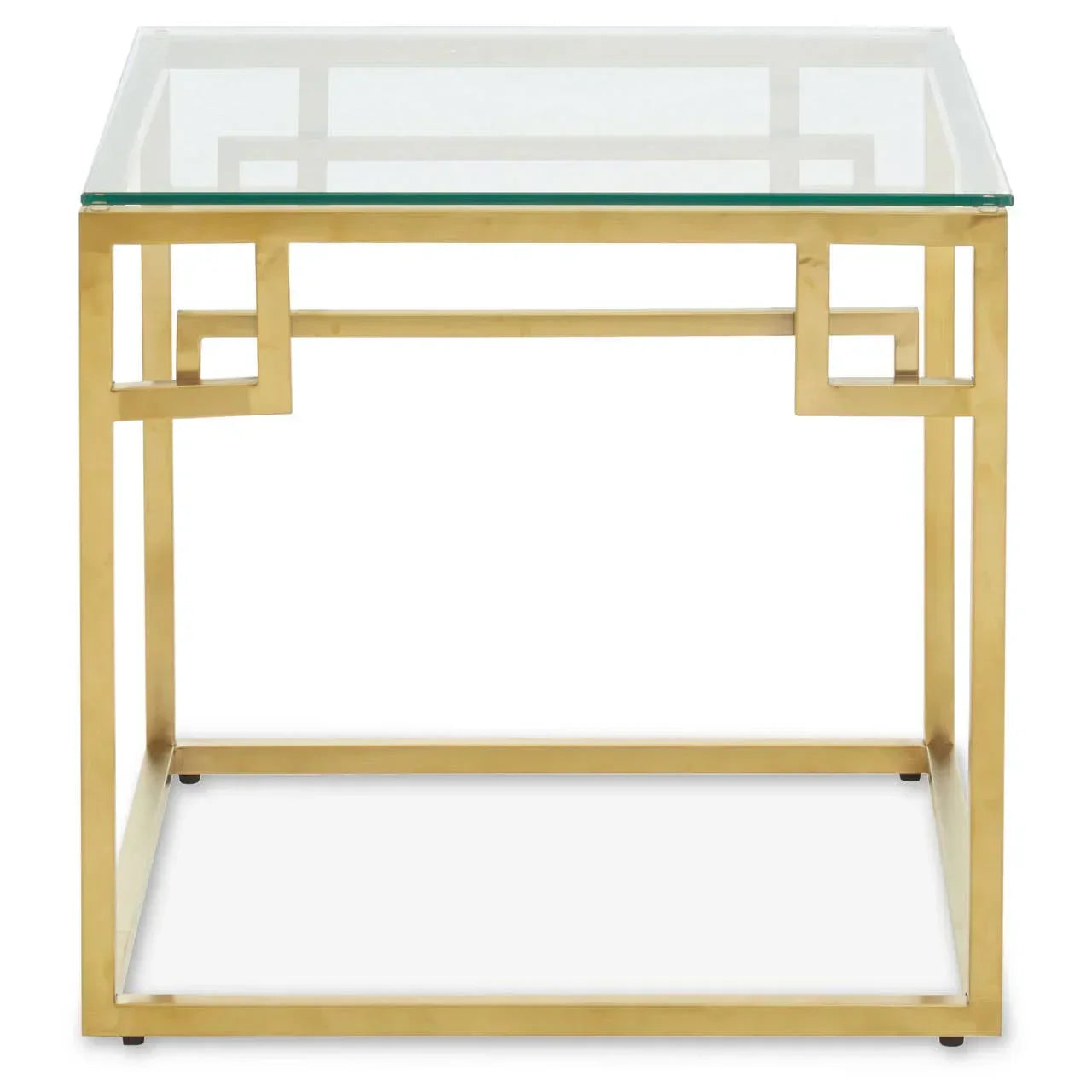 Glass top side table with gold metal geometric frame, front view