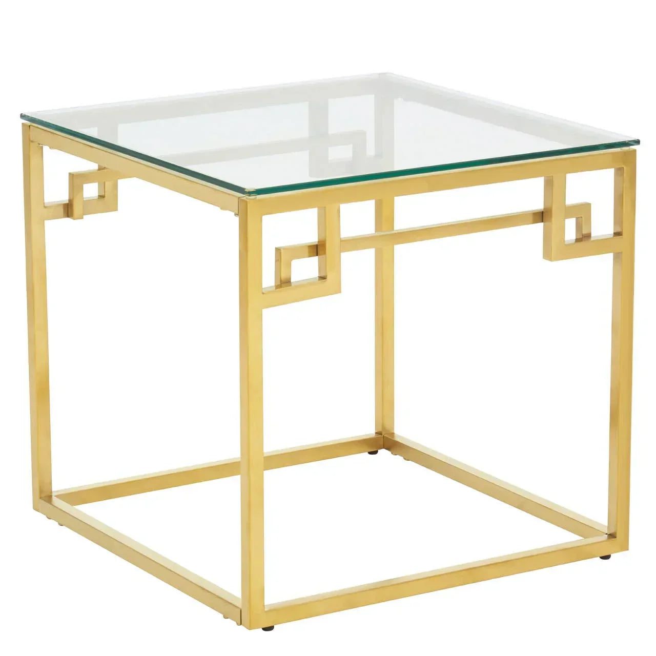 Square glass side table with gold metal frame and geometric accents