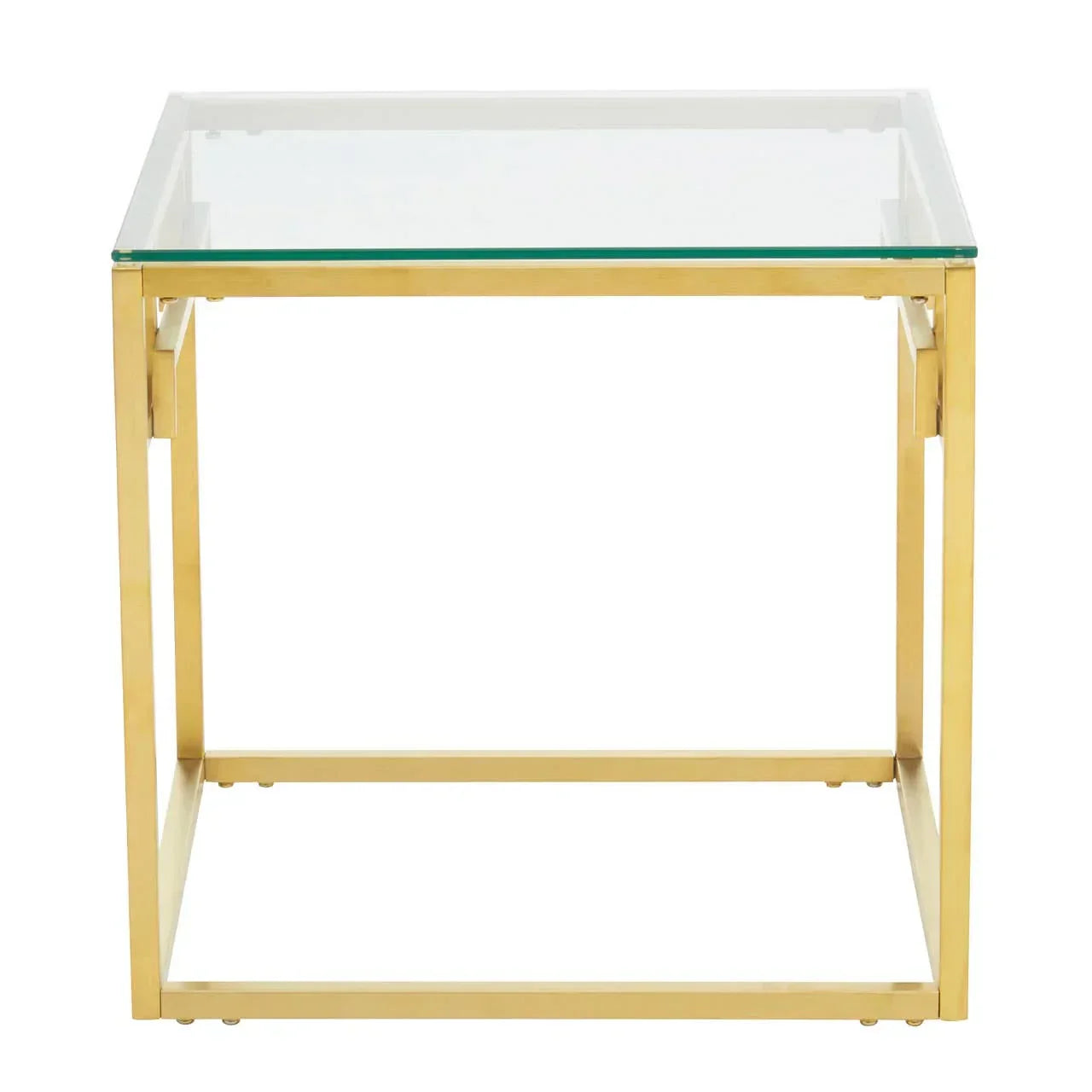 Glass top side table with gold metal frame, square design, front view