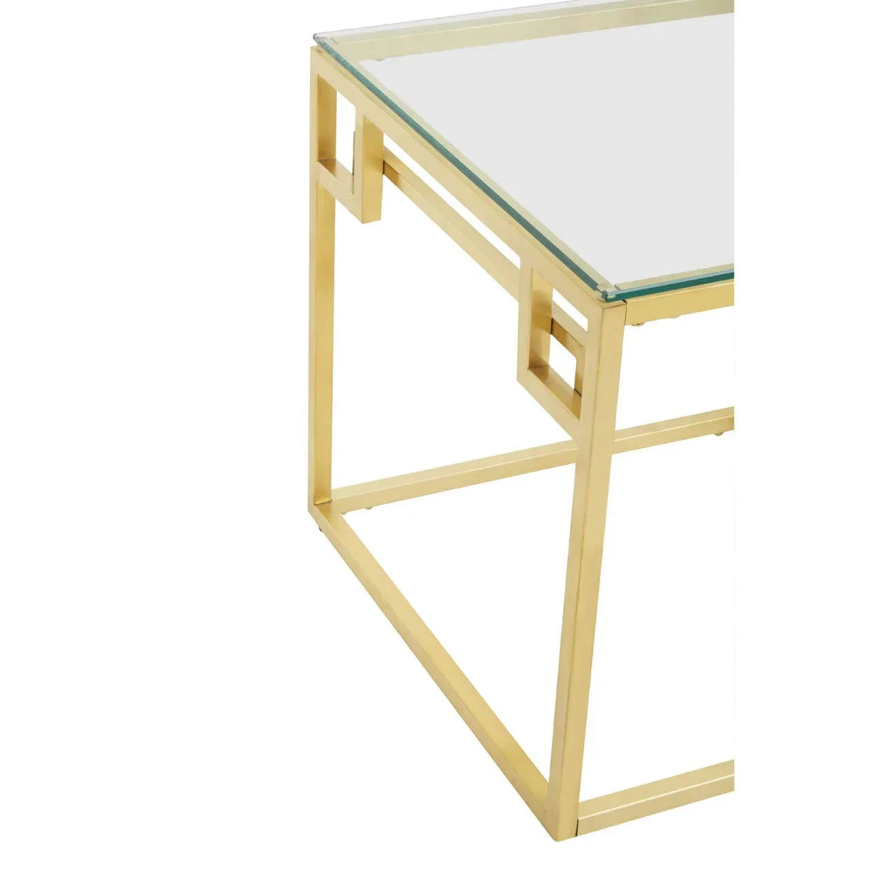 glass top coffee table with gold metal frame and geometric base detail