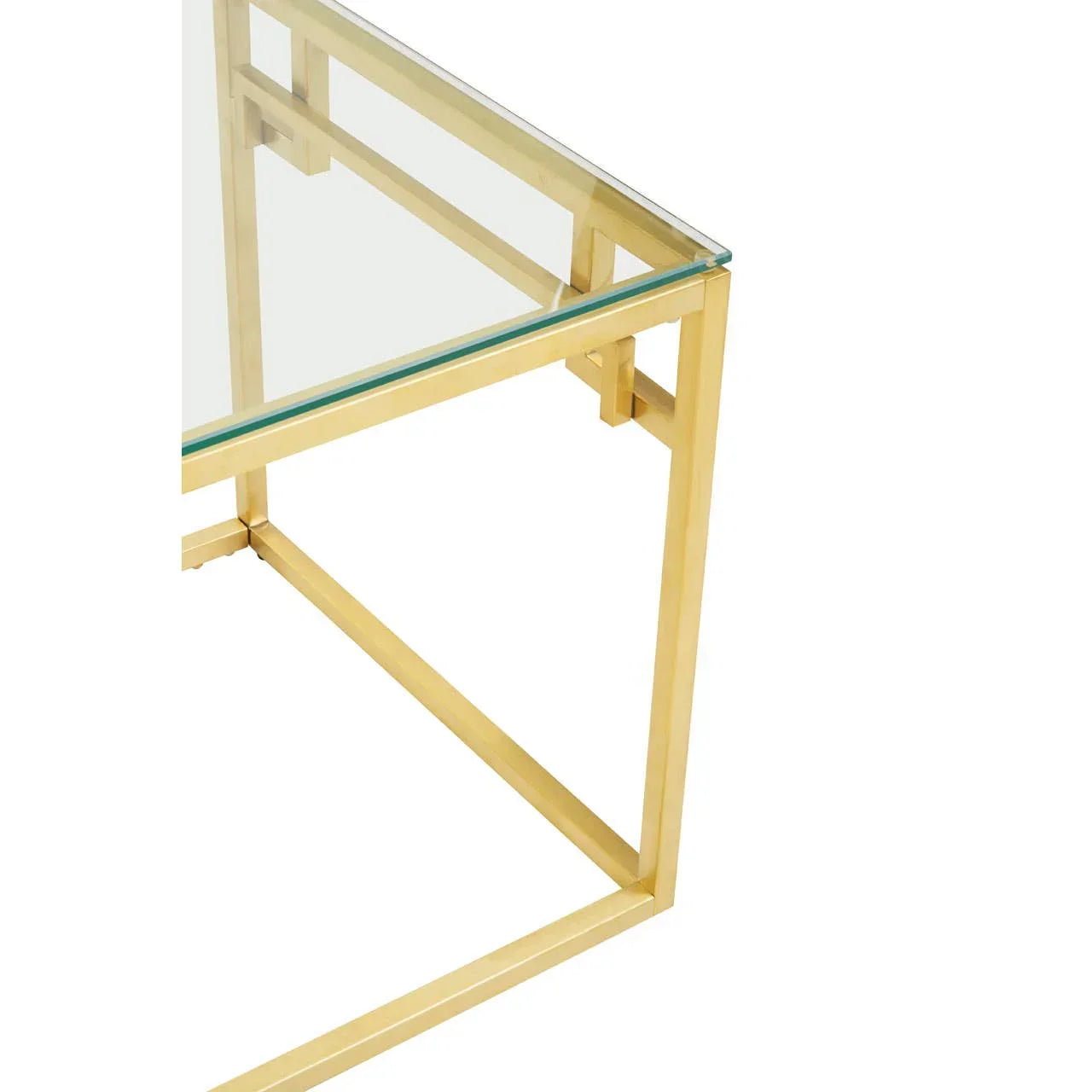 Glass coffee table with gold metal frame, close view of corner and leg design