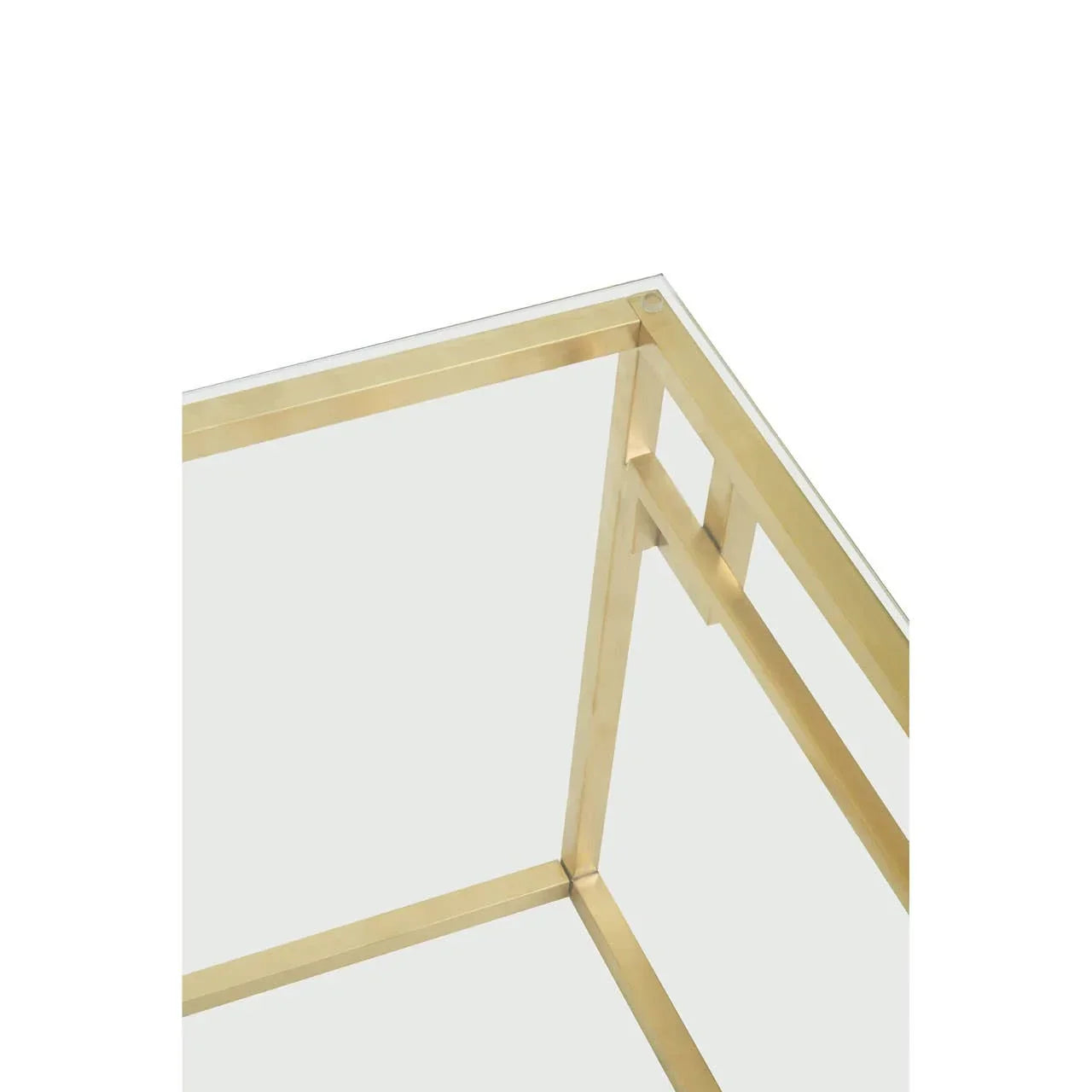 Glass coffee table with gold metal frame corner detail