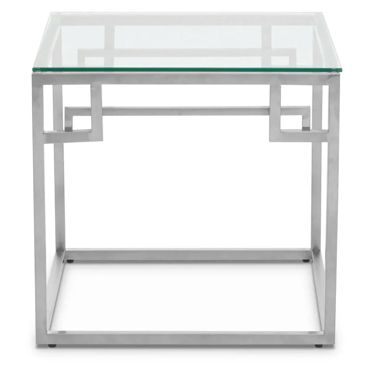 Glass top side table with stainless steel geometric frame, modern design front view
