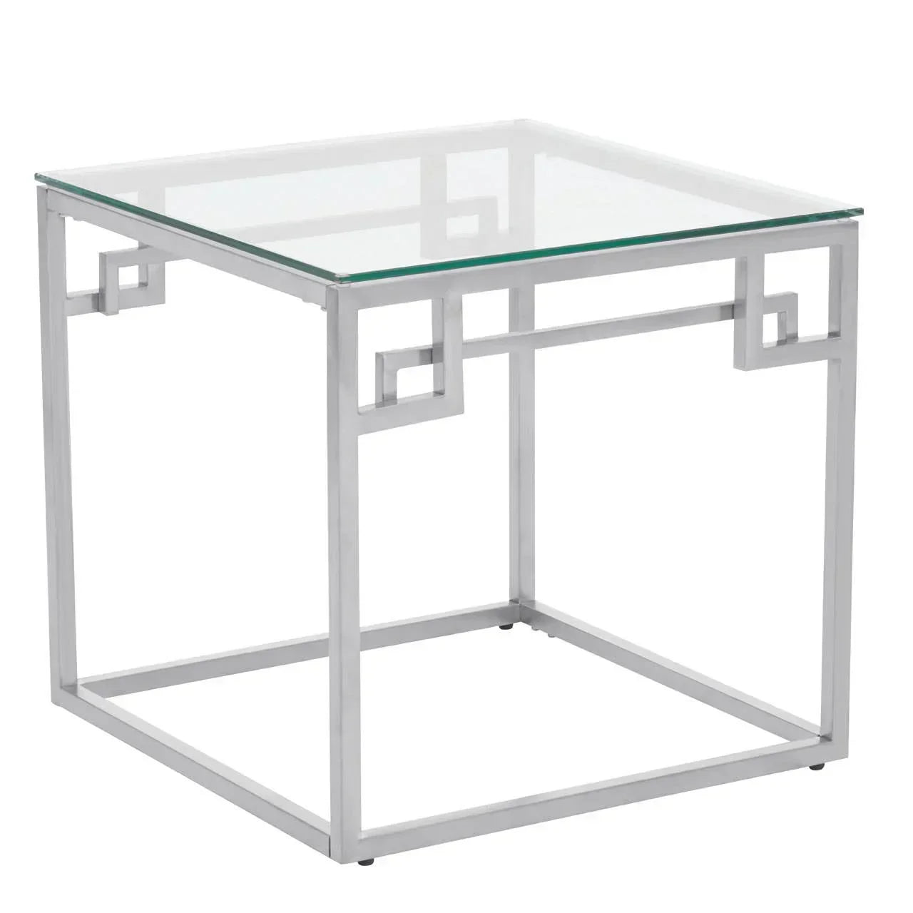 Modern square glass top side table with chrome metal geometric frame