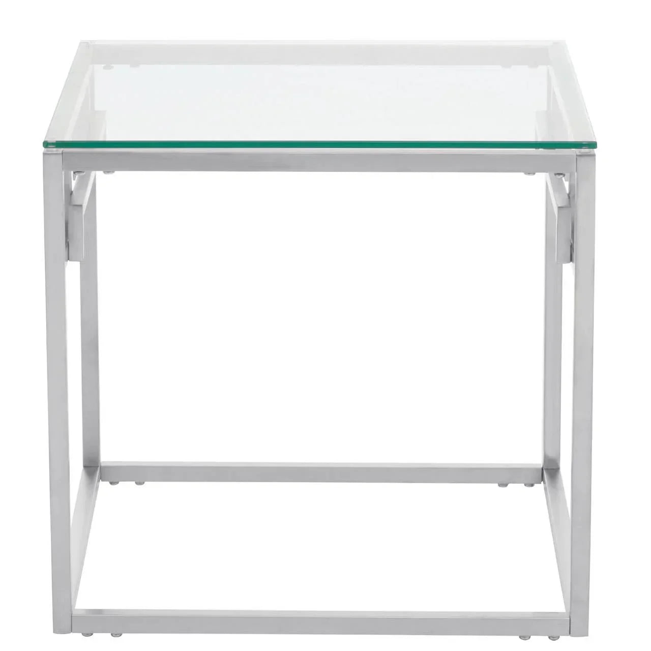 Square glass side table with stainless steel frame, front angle view