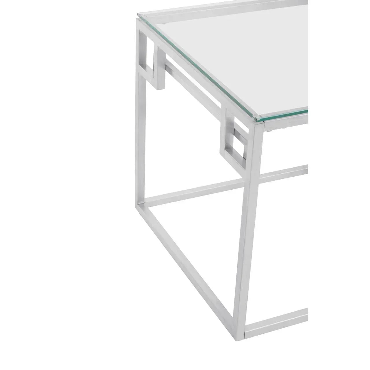 Glass top coffee table with chrome metal frame and geometric leg detail