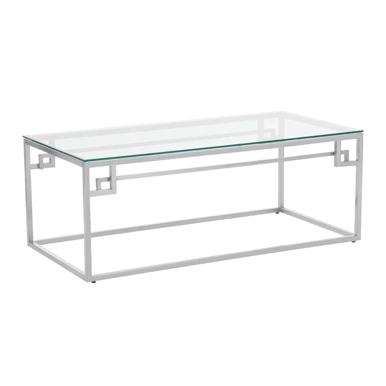 Rectangular glass coffee table with silver metal frame and geometric side accents