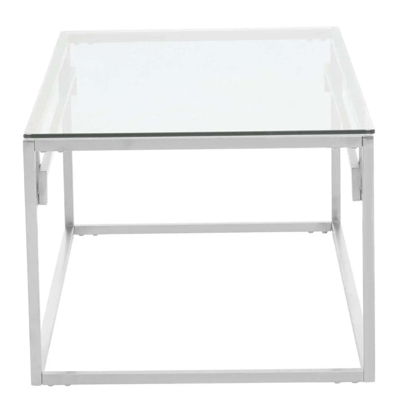 Square glass top coffee table with modern chrome metal frame, front view