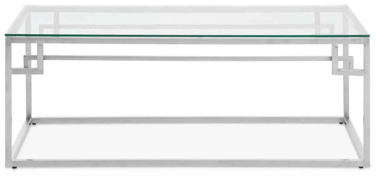Glass coffee table with geometric chrome metal frame, rectangular shape, front view