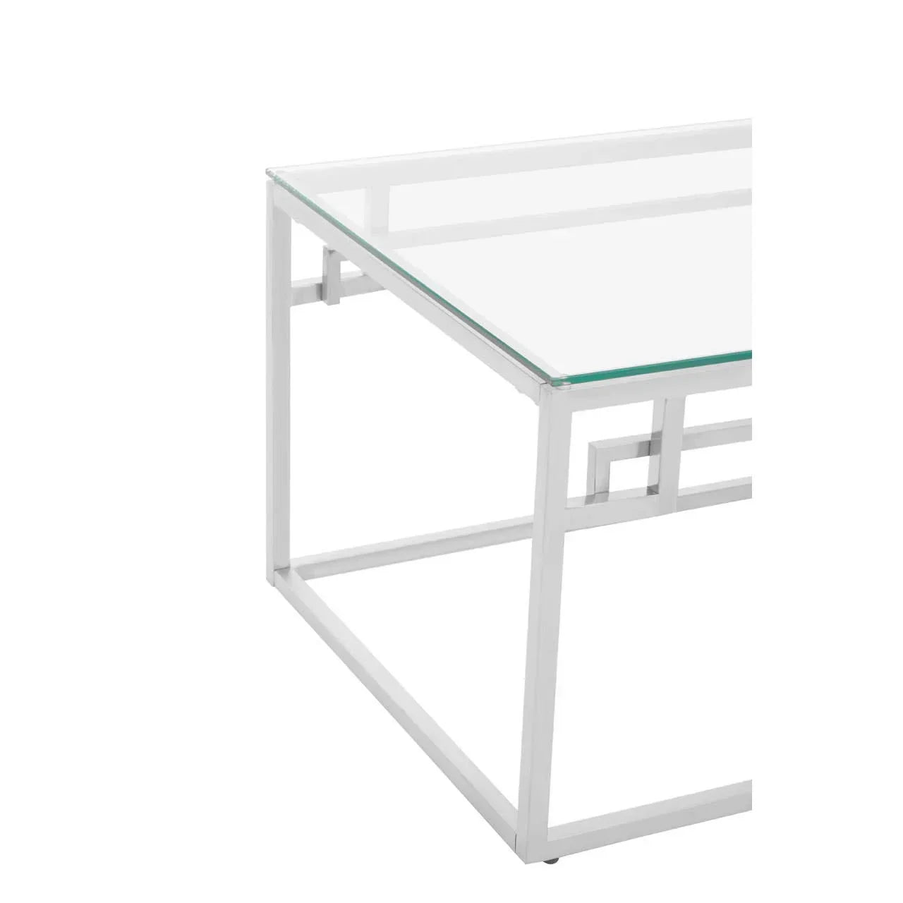 Glass coffee table with white geometric metal frame corner view