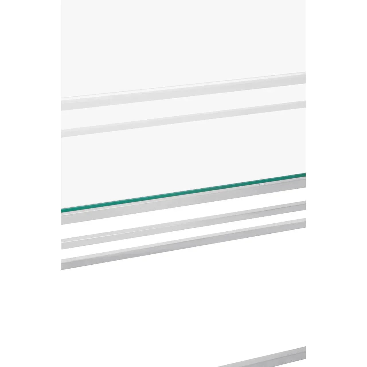 White metal furniture frame with horizontal glass shelf, close-up view