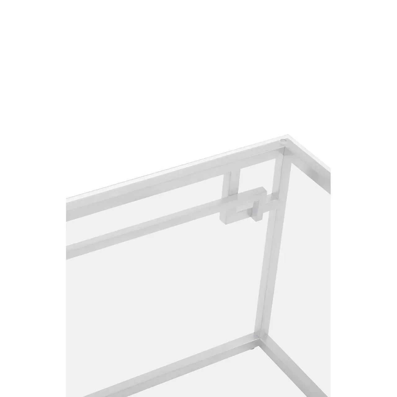 White metal table frame corner with modern geometric design detail