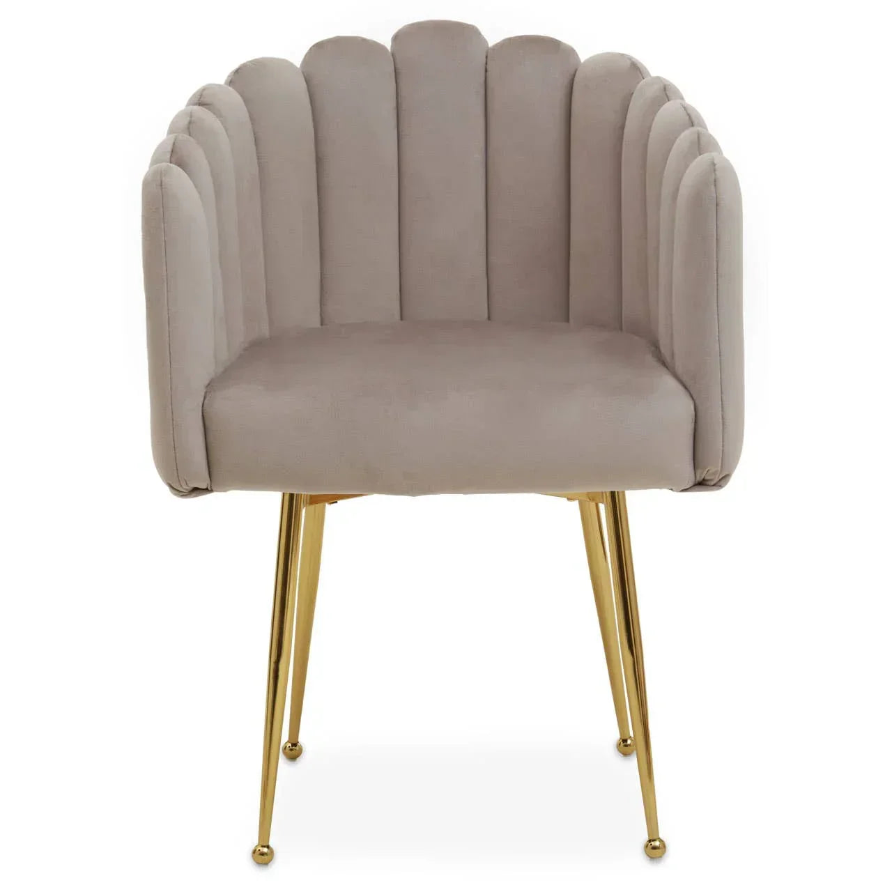 Taupe velvet accent chair with scalloped backrest and gold metal legs, front view