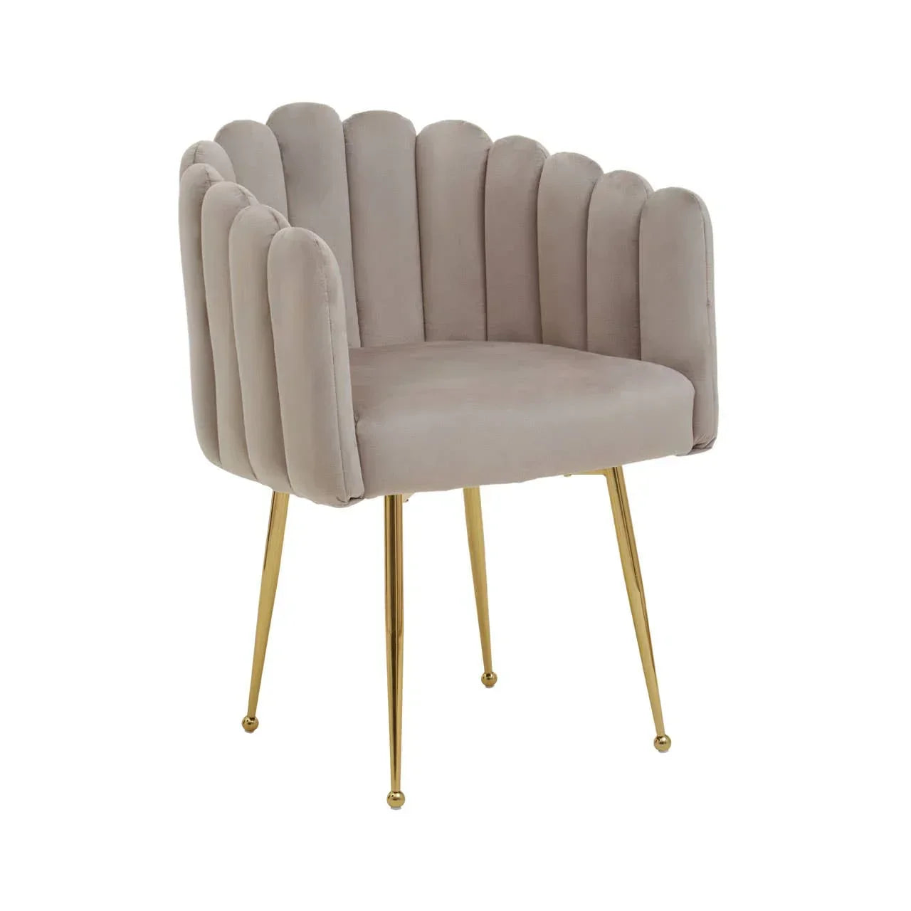 Beige velvet accent chair with scalloped backrest and gold metal legs