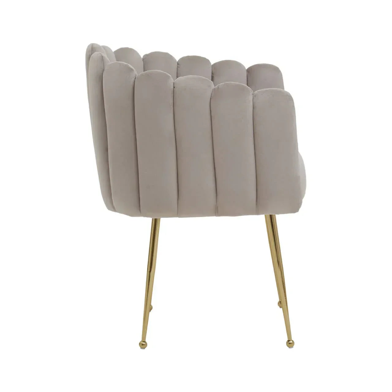 Beige velvet accent chair with gold metal legs side view