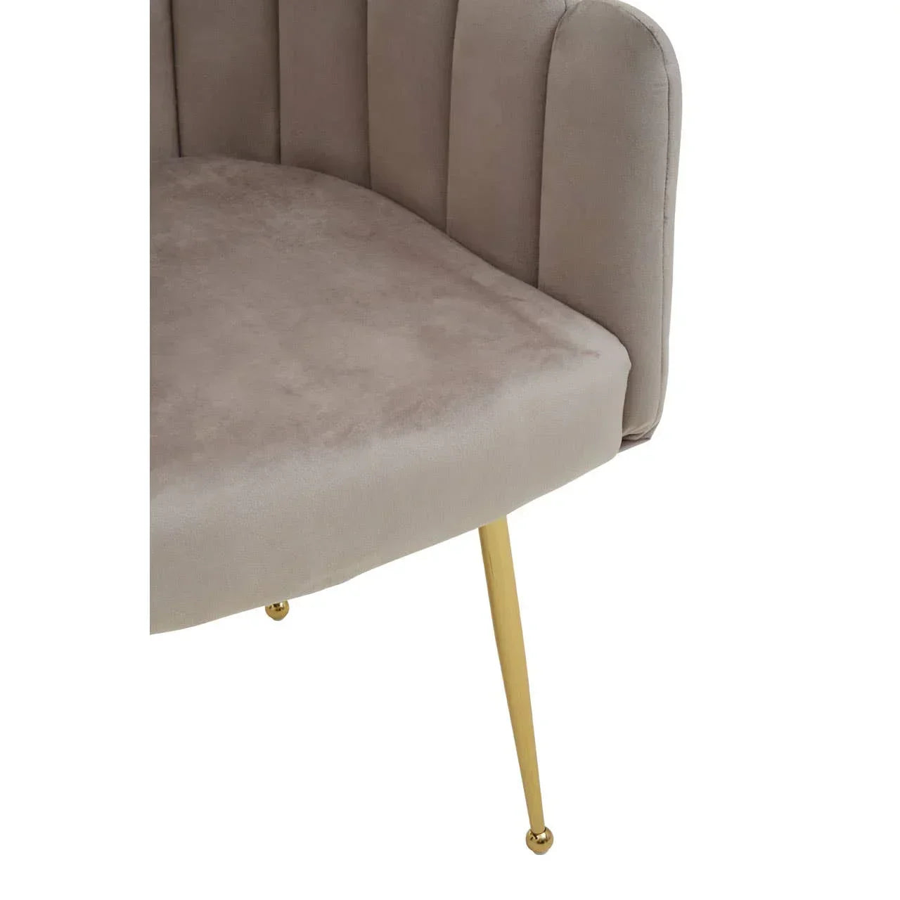 Beige velvet accent chair with gold metal legs and vertical stitched backrest detail
