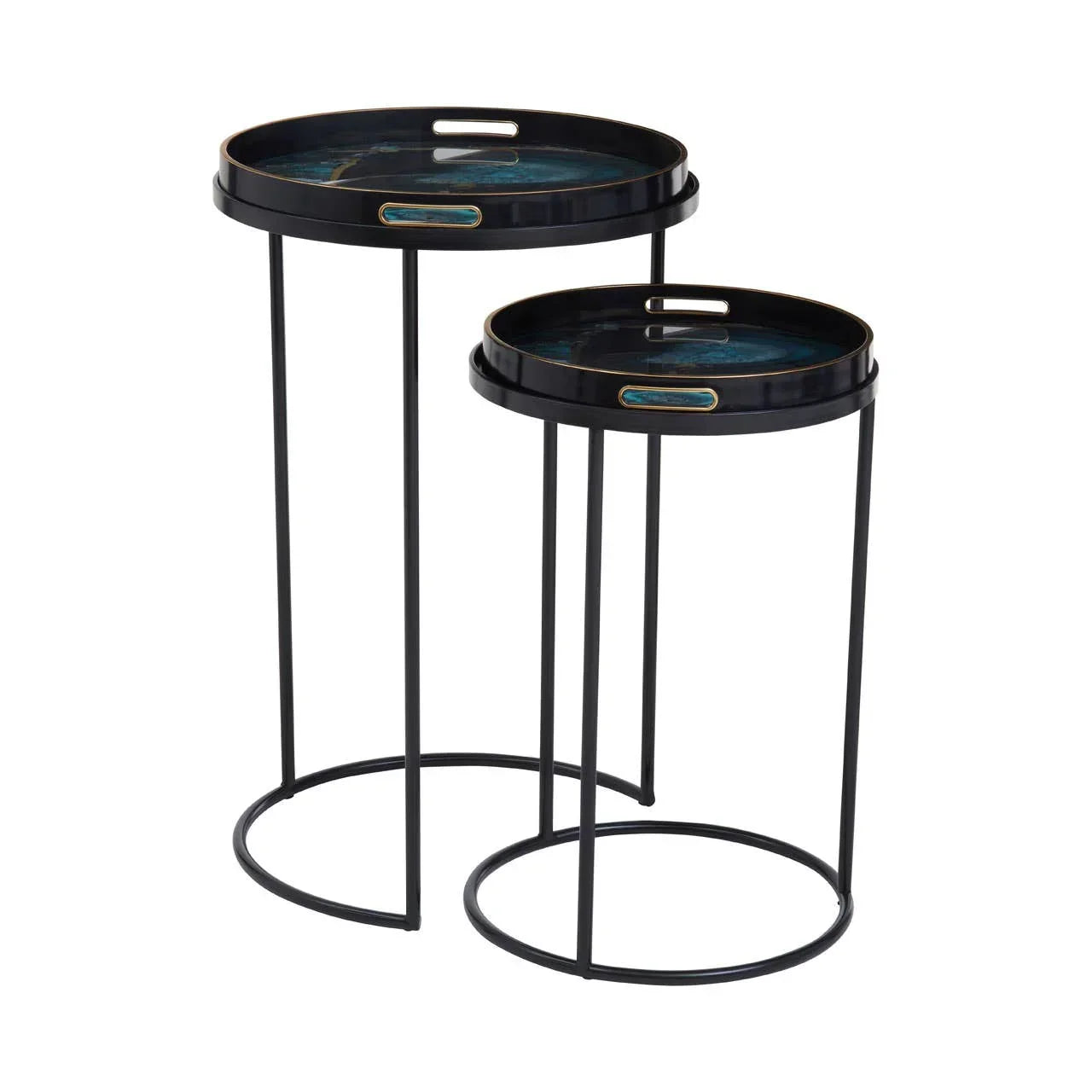 Set of two black metal nesting side tables with round tray tops and open frames