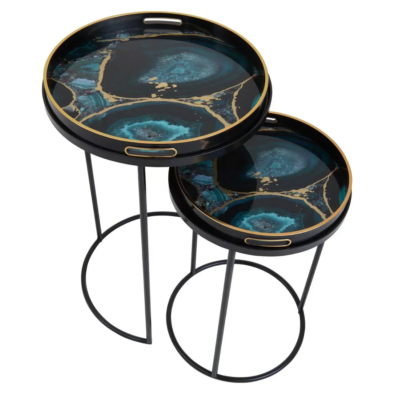 Set of two round nesting side tables with black metal frames and blue marble style trays