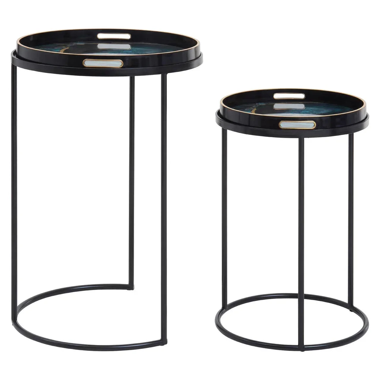 Set of two round black metal side tables with tray tops and open circular bases
