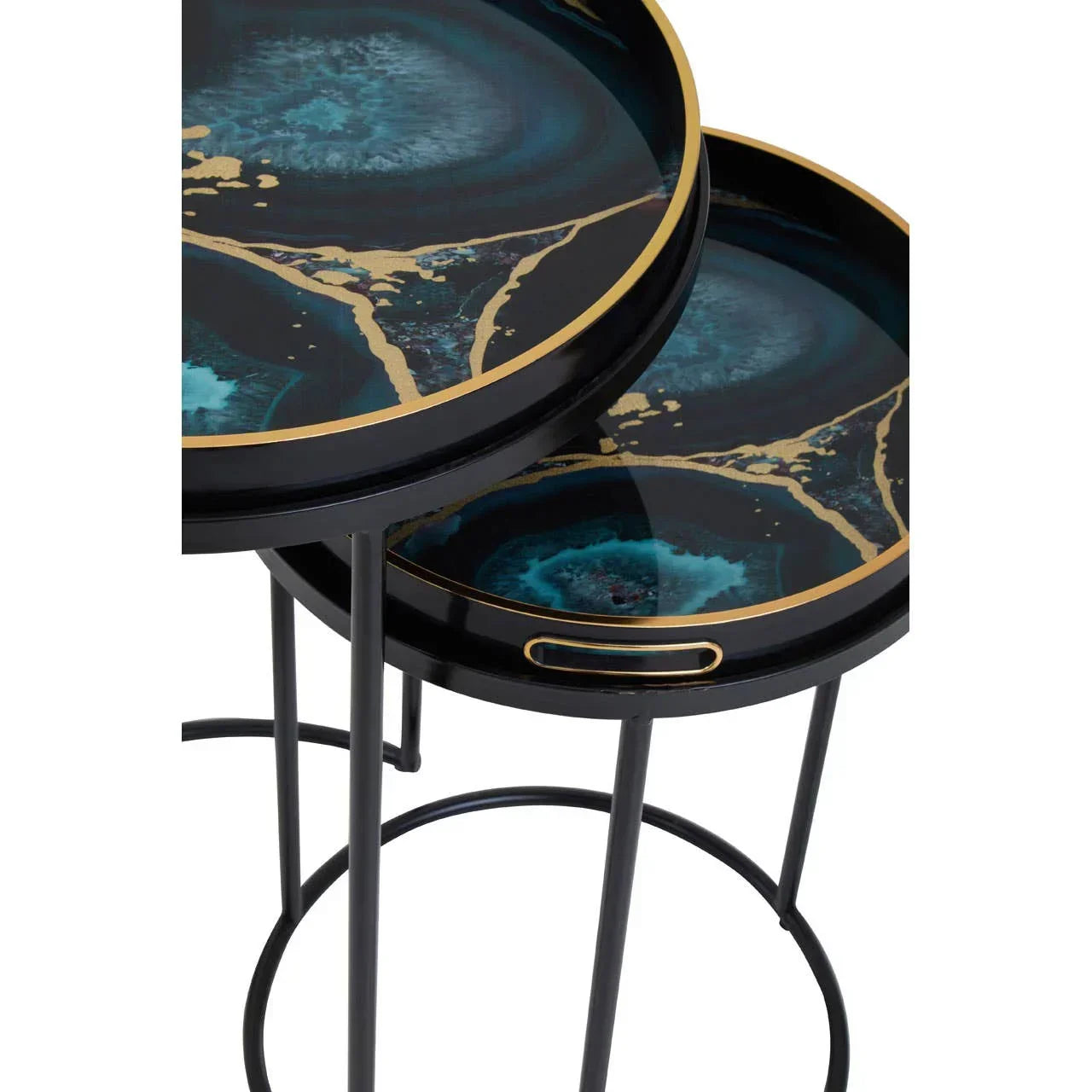 Set of two round nesting side tables with blue and gold marble-effect tops and black frames