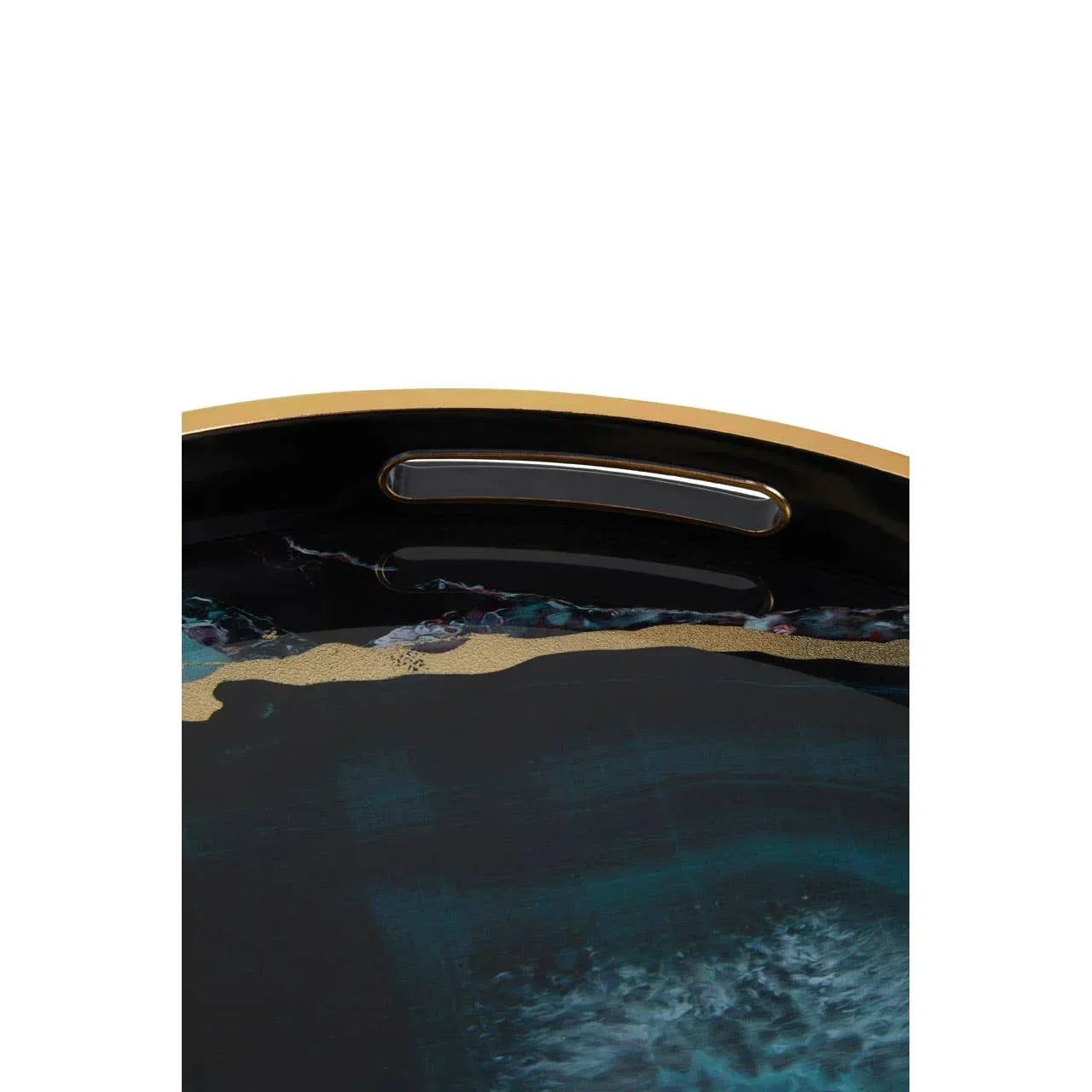 Round serving tray with gold rim, black surface and abstract blue pattern detail close-up