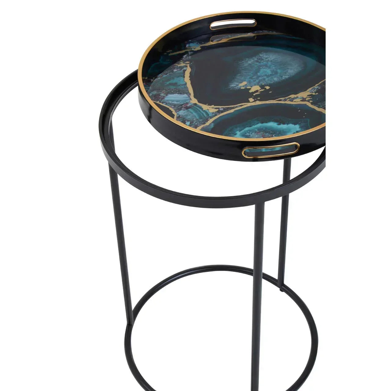 Round metal side table with blue marble-effect tray top and black frame