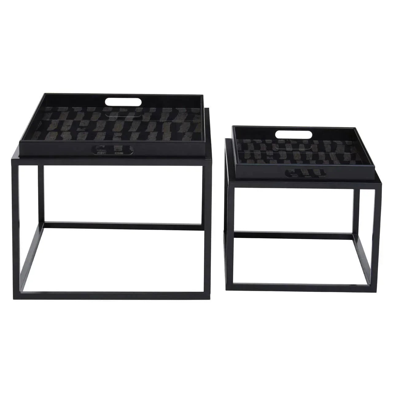Set of two black metal nesting tables with removable trays and checkered tops