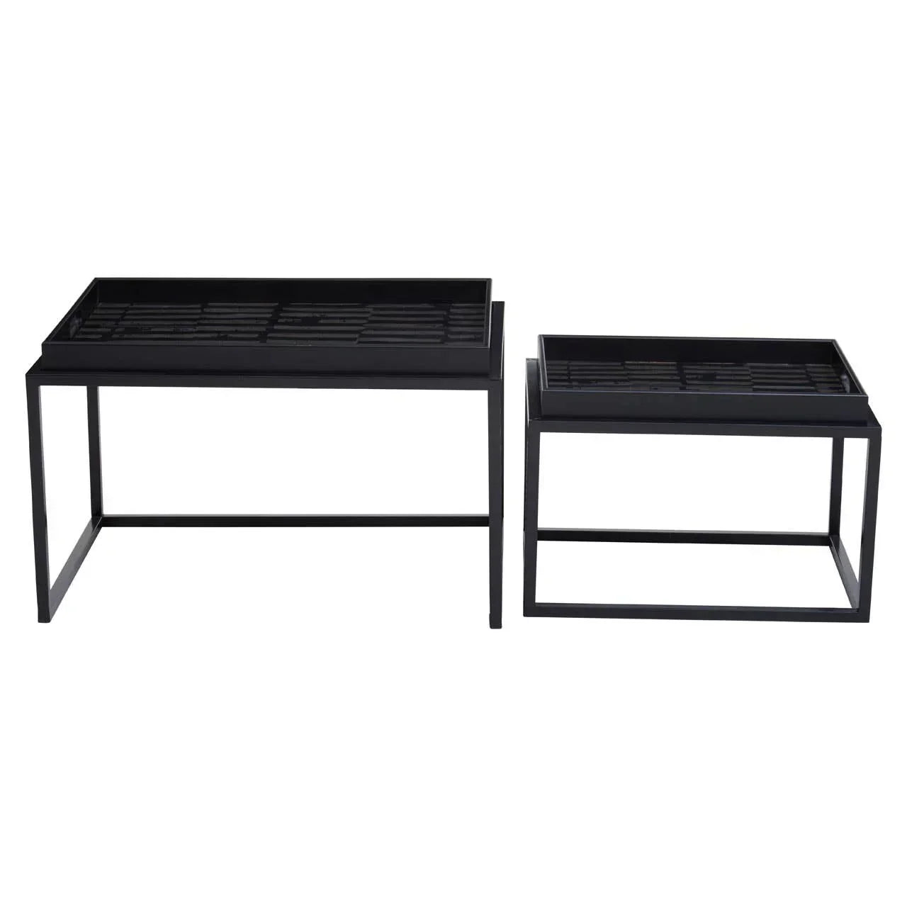 Black metal nesting tables with rectangular tray tops and open frame bases