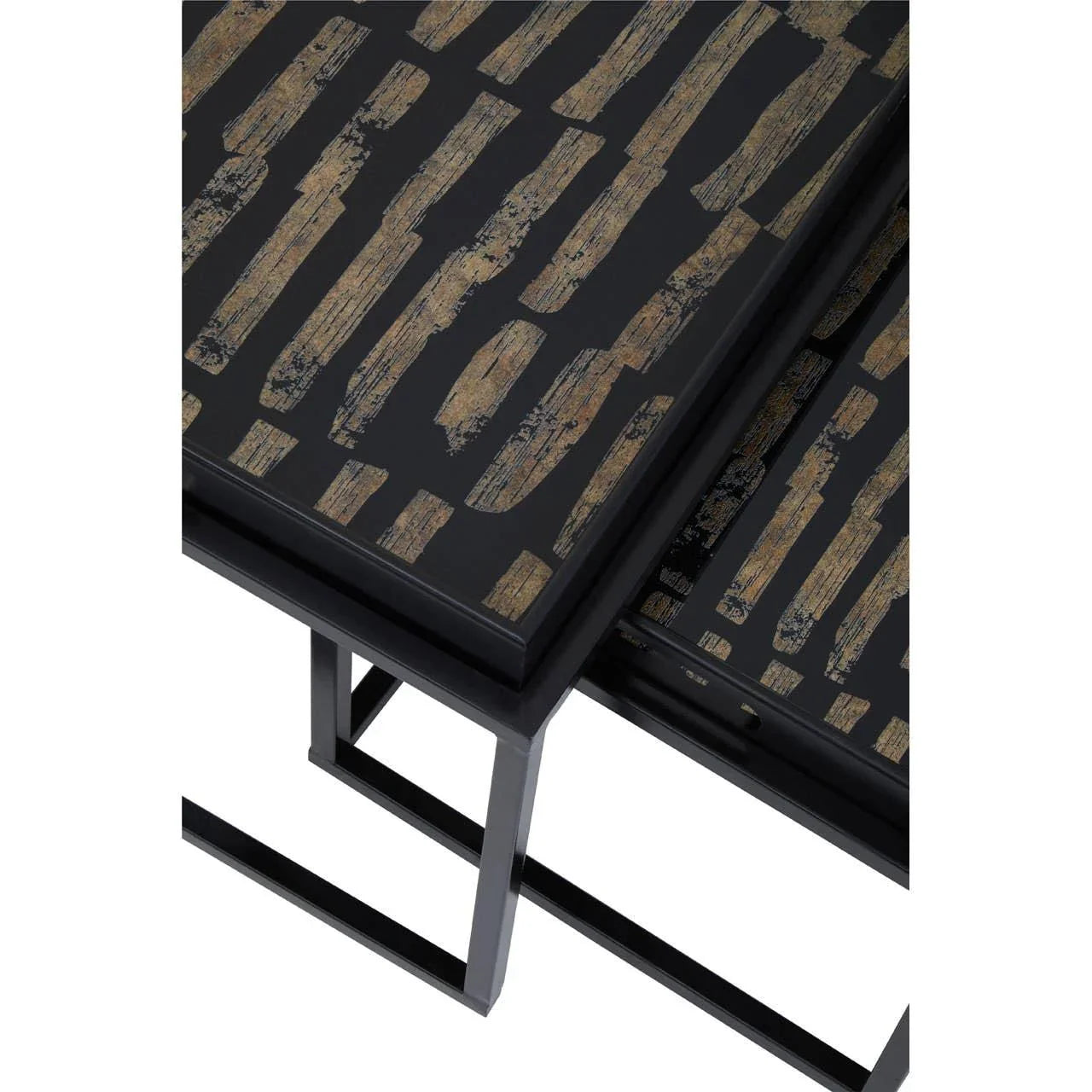 Black and gold nesting tables with geometric metal frame and distressed pattern tops