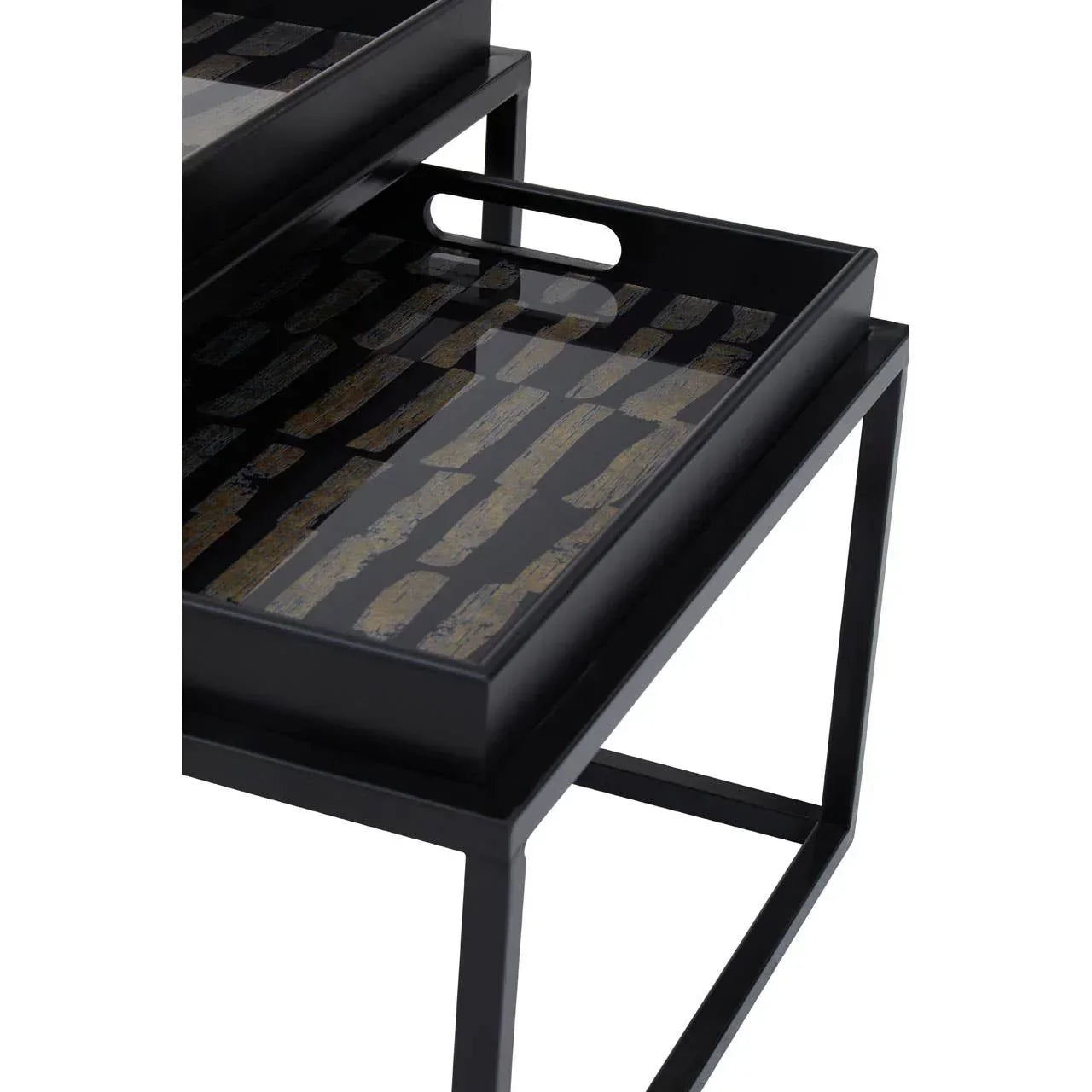 Black metal nesting table with decorative tray top and handle cutout