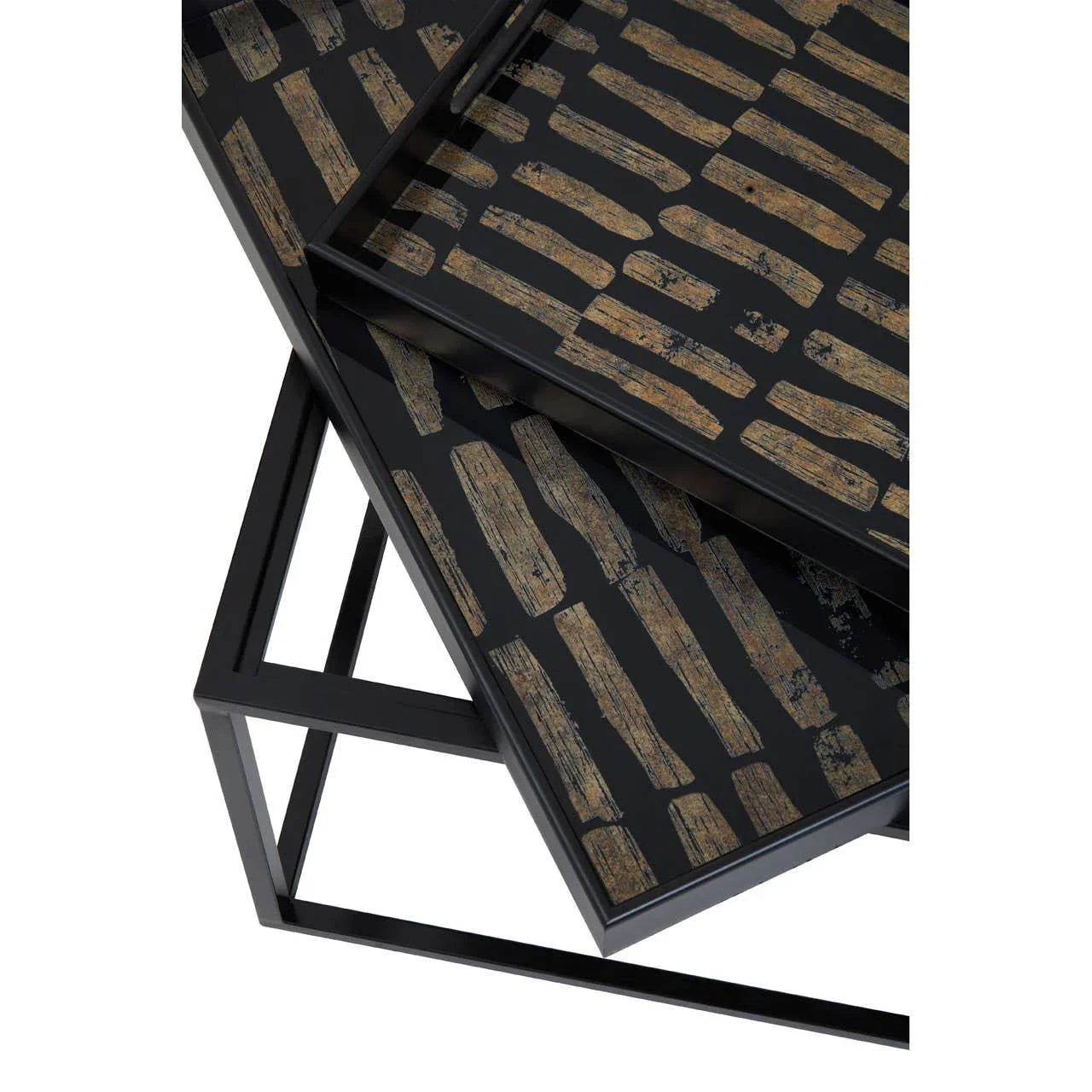 Black metal side tables with rustic wood patterned tops, overlapping at an angle