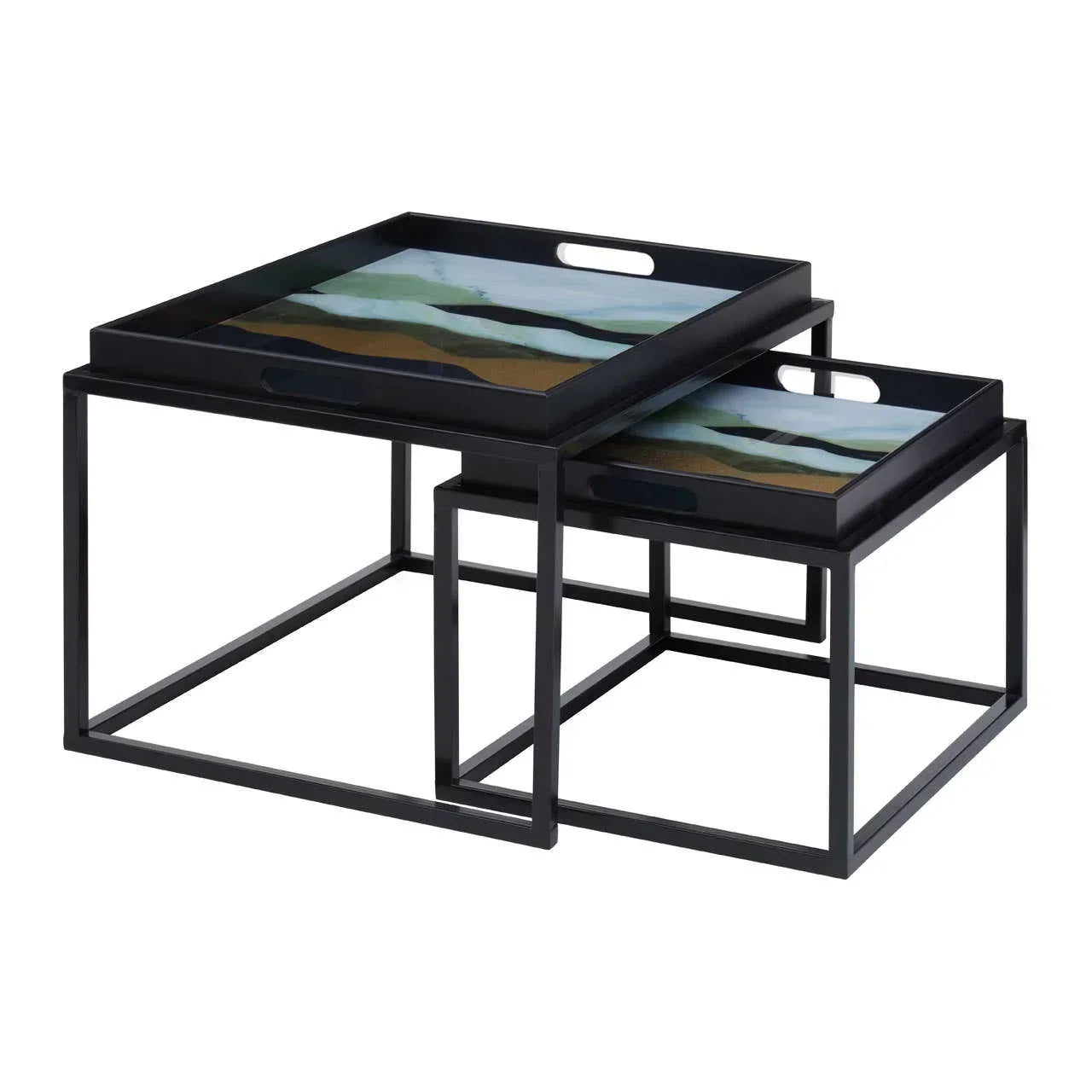 Set of two black metal nesting coffee tables with removable trays and abstract glass tops