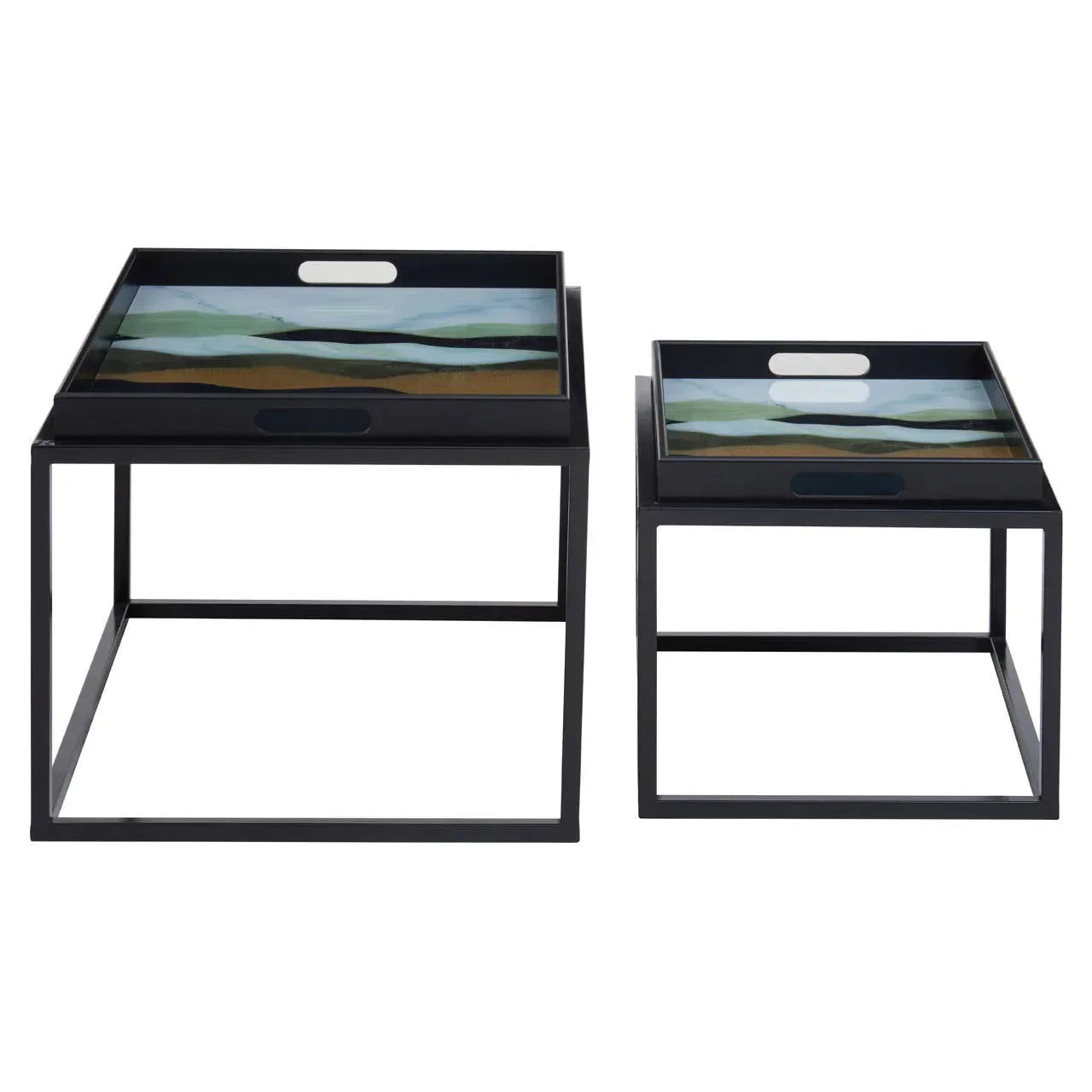 Set of two black metal nest tables with tray tops featuring abstract landscape design