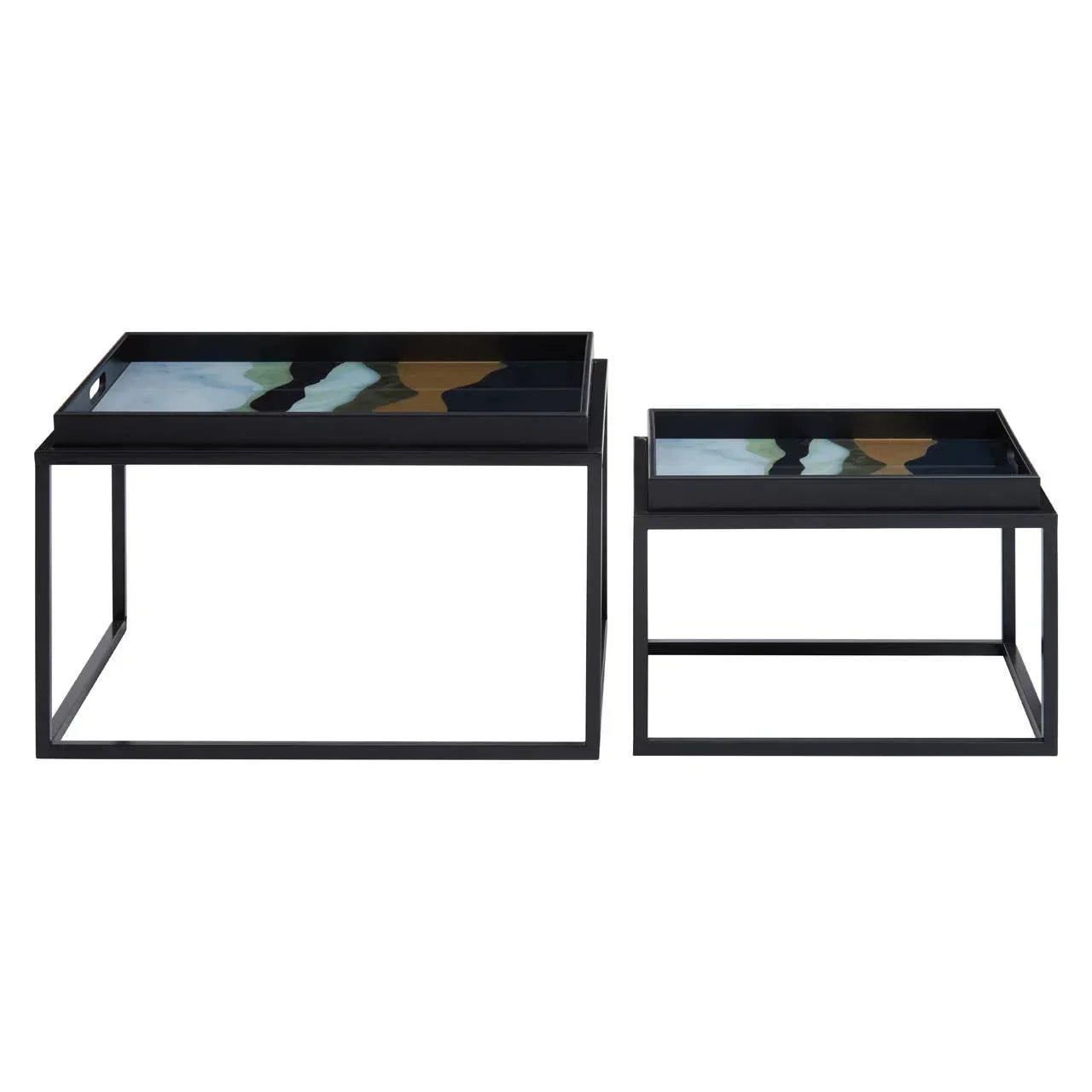 Modern black metal nesting coffee table set with abstract glass top design