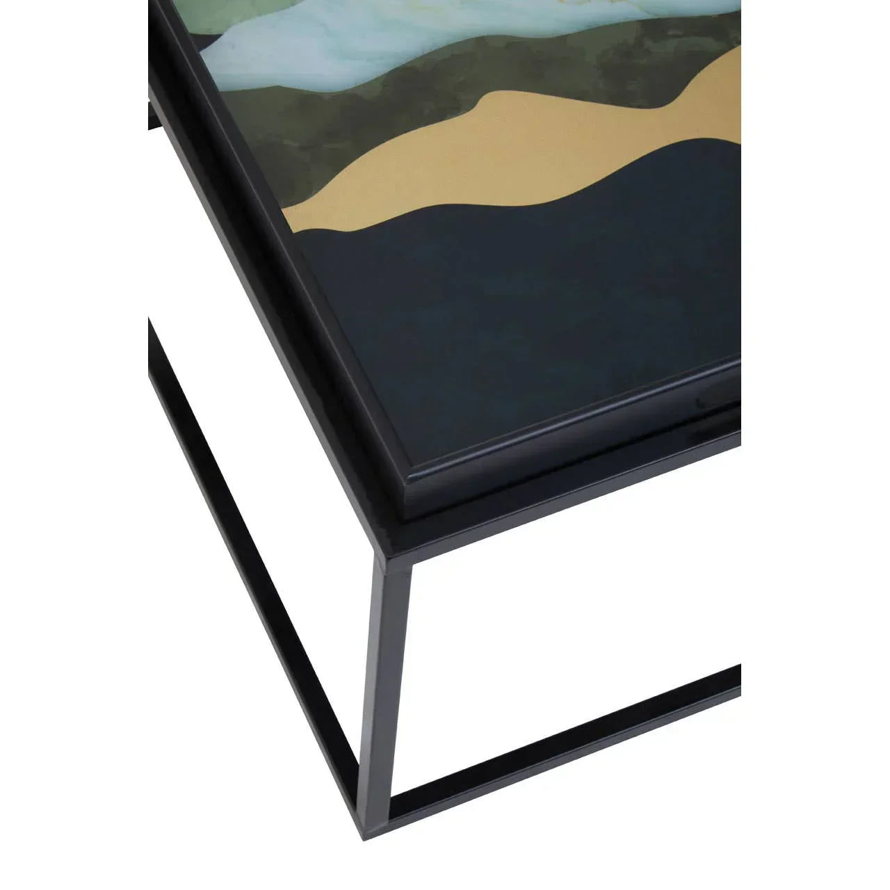 Modern coffee table with black metal frame and abstract patterned tabletop