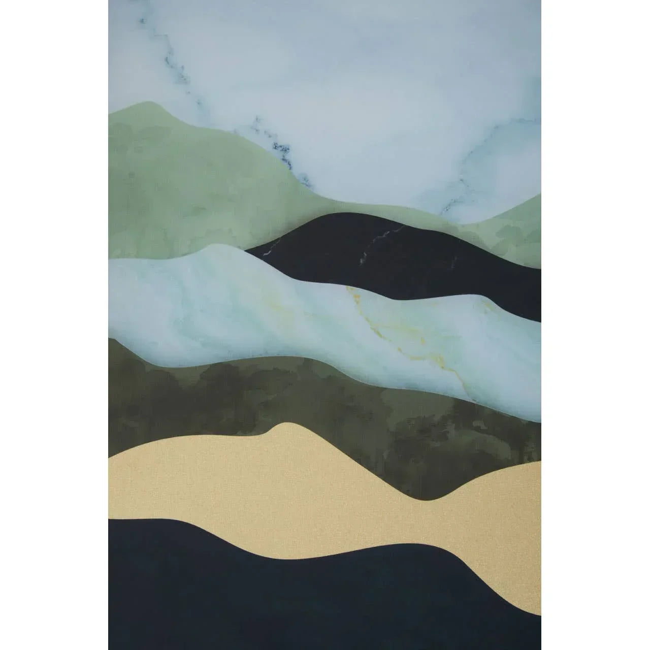 Abstract wall art with layered gold, black, green, and marble effect waves