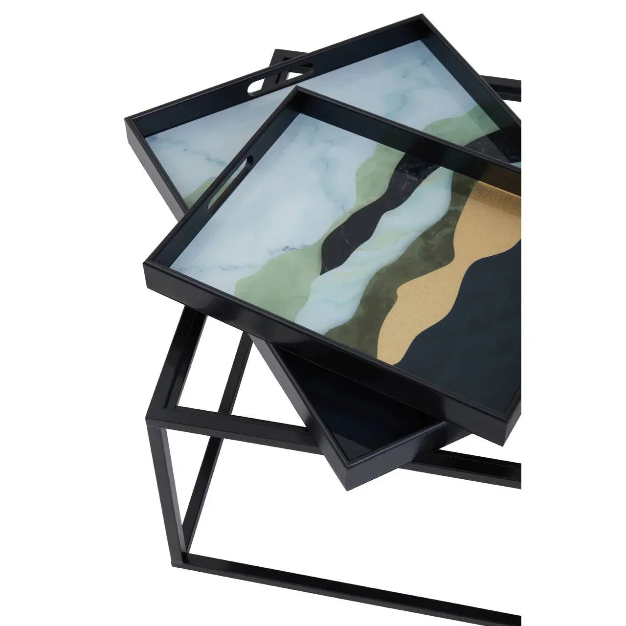 Stacked black metal nesting tables with abstract glass top design in green, blue, and gold