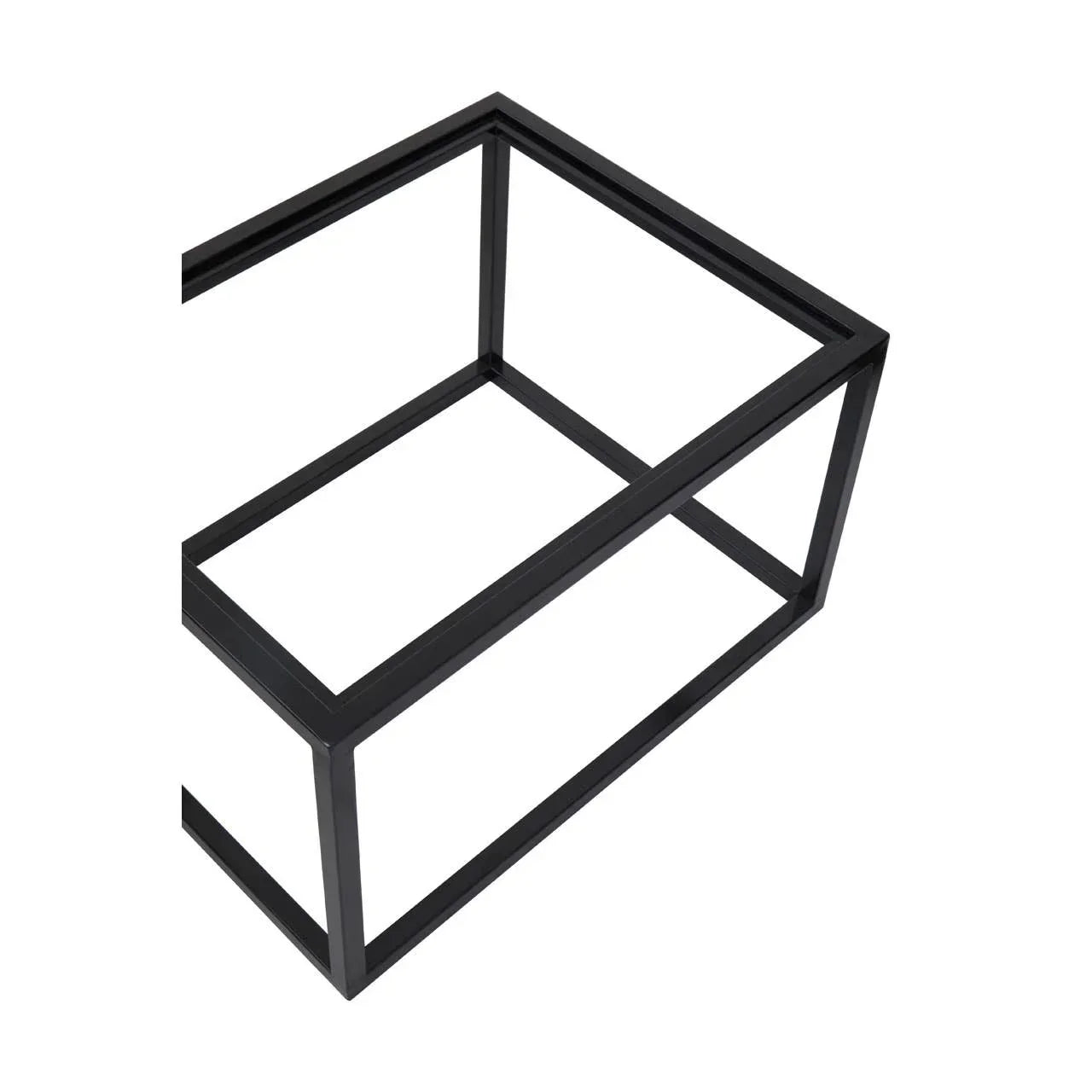 Black metal coffee table frame in rectangular shape, top and side perspective view