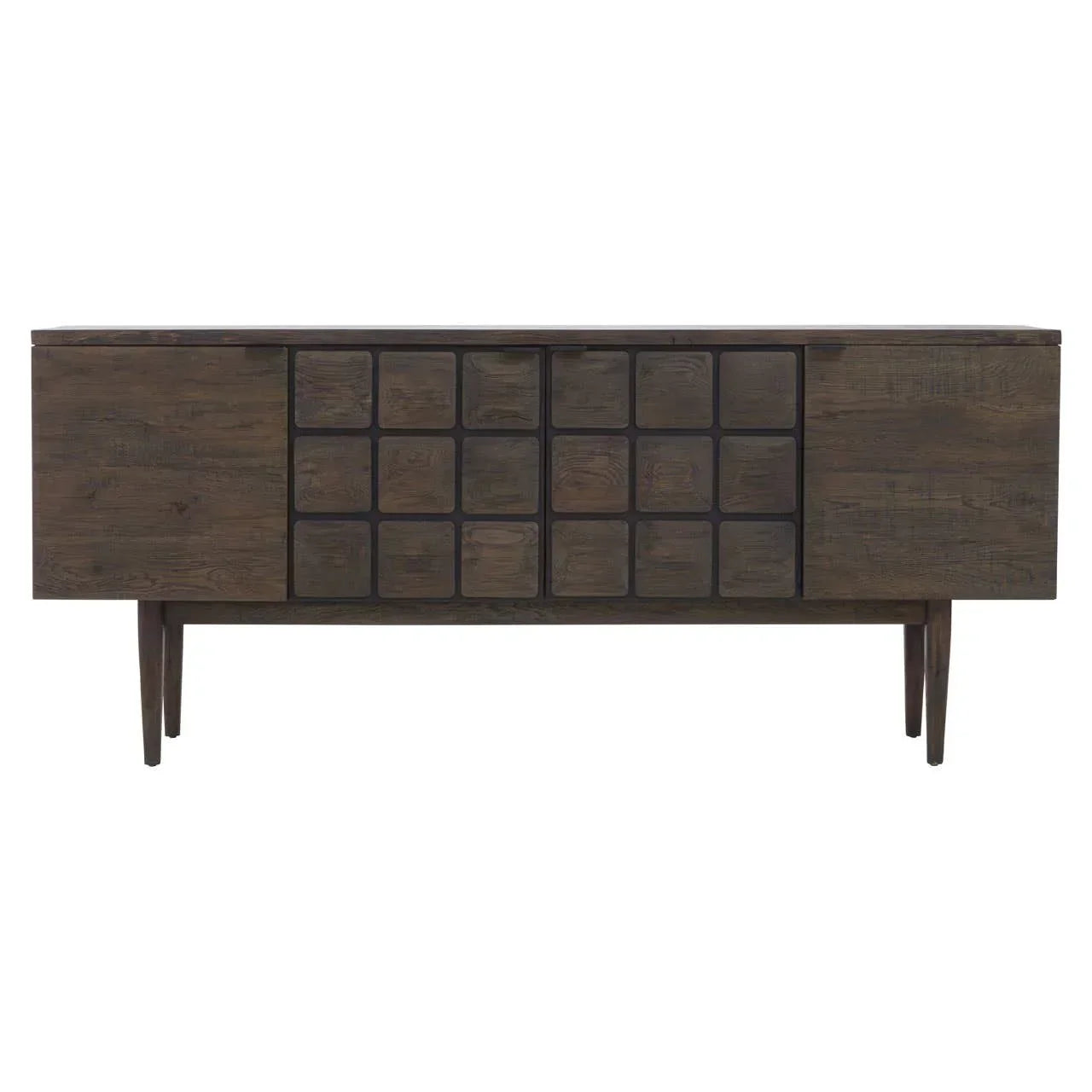 Dark wood sideboard with geometric square panel doors and slim legs, front view