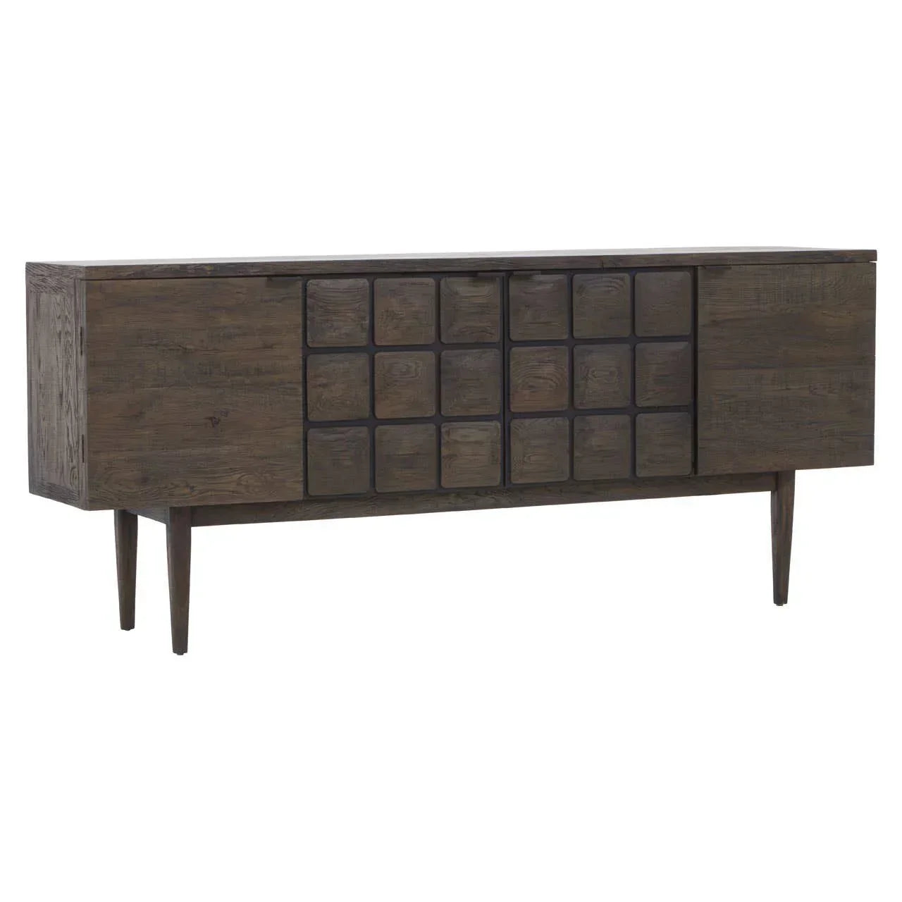 Dark wood sideboard with square panel doors and tapered legs, angled front view