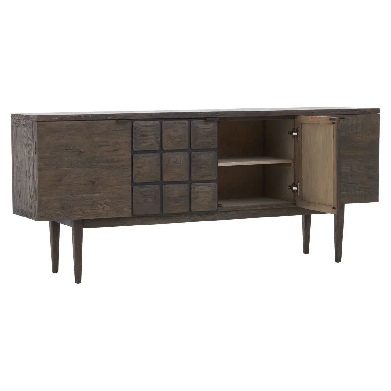 Dark wood sideboard with geometric panel doors, open compartment and interior shelf