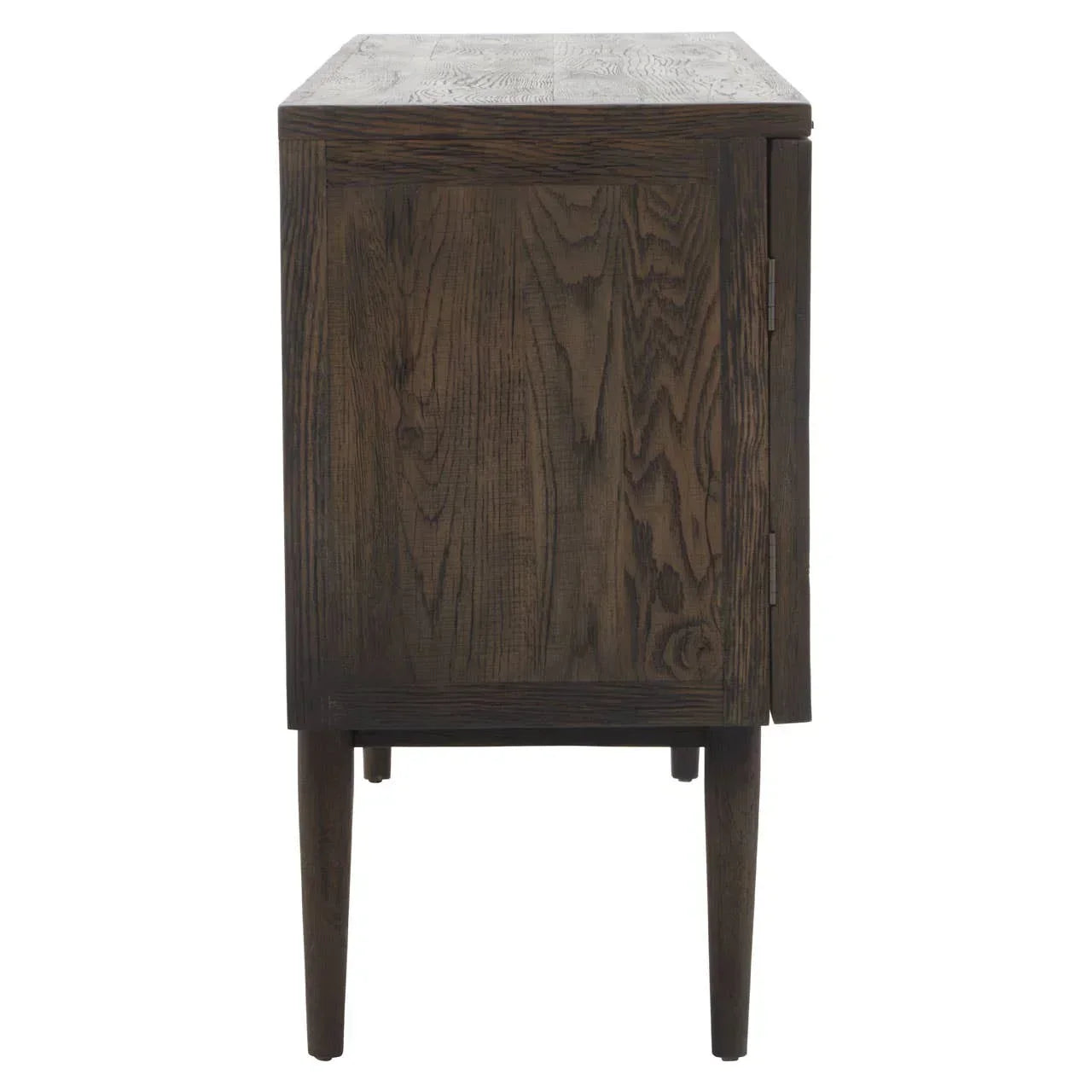 Side view of dark wooden cabinet with wood grain finish and tapered legs