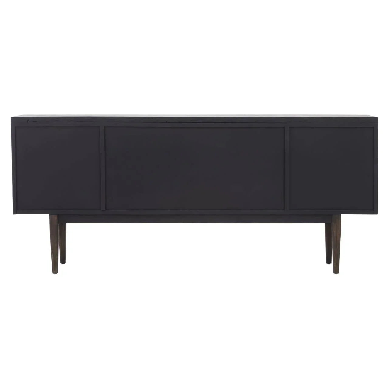 Black sideboard with three cabinet doors and wooden legs, modern minimalist design